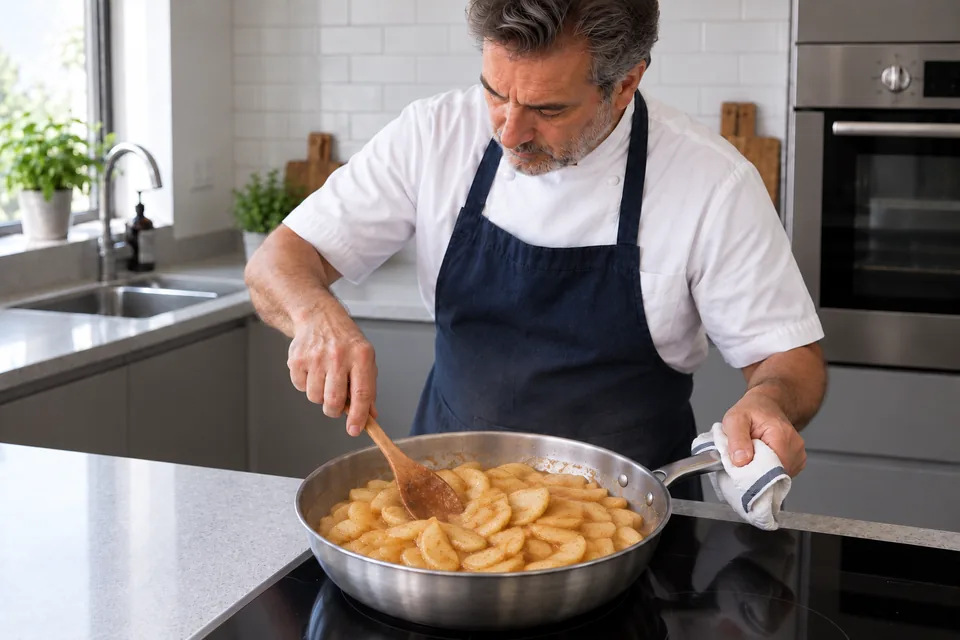 Apple and pear slices are stirred until their juices thicken and coat the fruit.