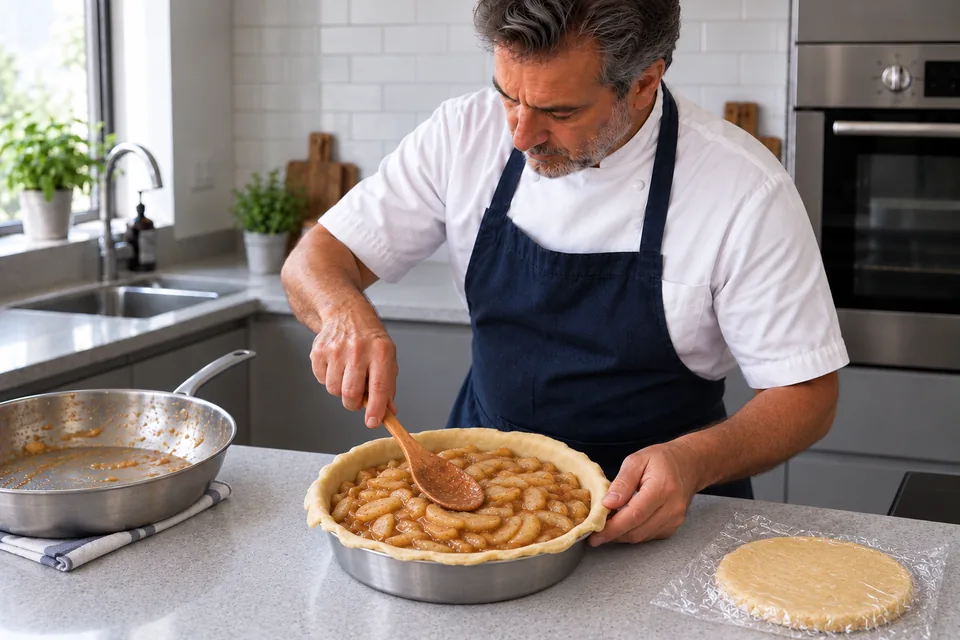 The cold fruit filling is levelled in the raw pastry-lined metal pie tin.