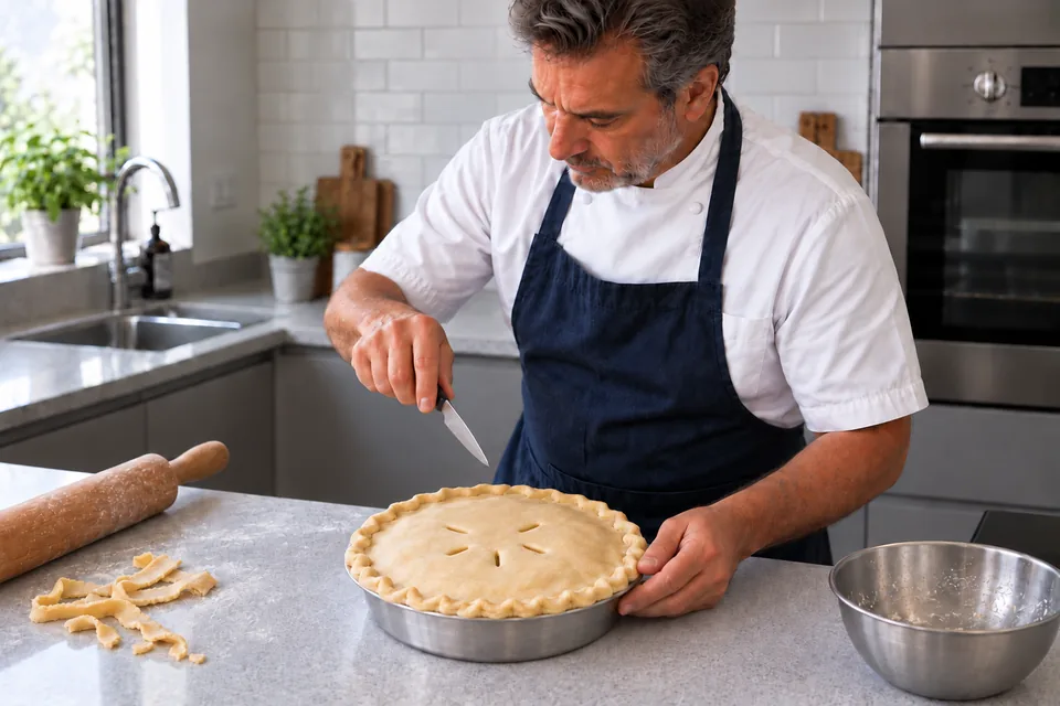 The closed raw pie has a sealed rim and five small steam vents.