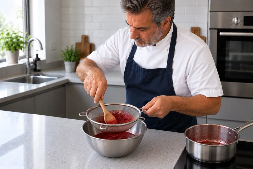 Cooked raspberries are pressed through a fine sieve into a separate sauce bowl.
