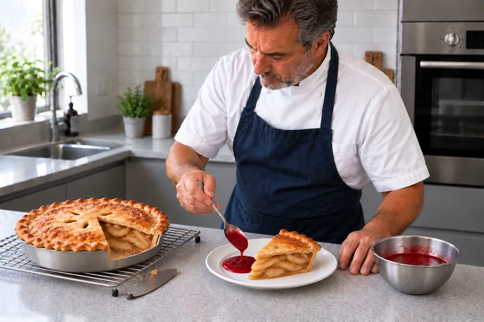 One of eight cooled pie slices is served with raspberry sauce spooned beside it.