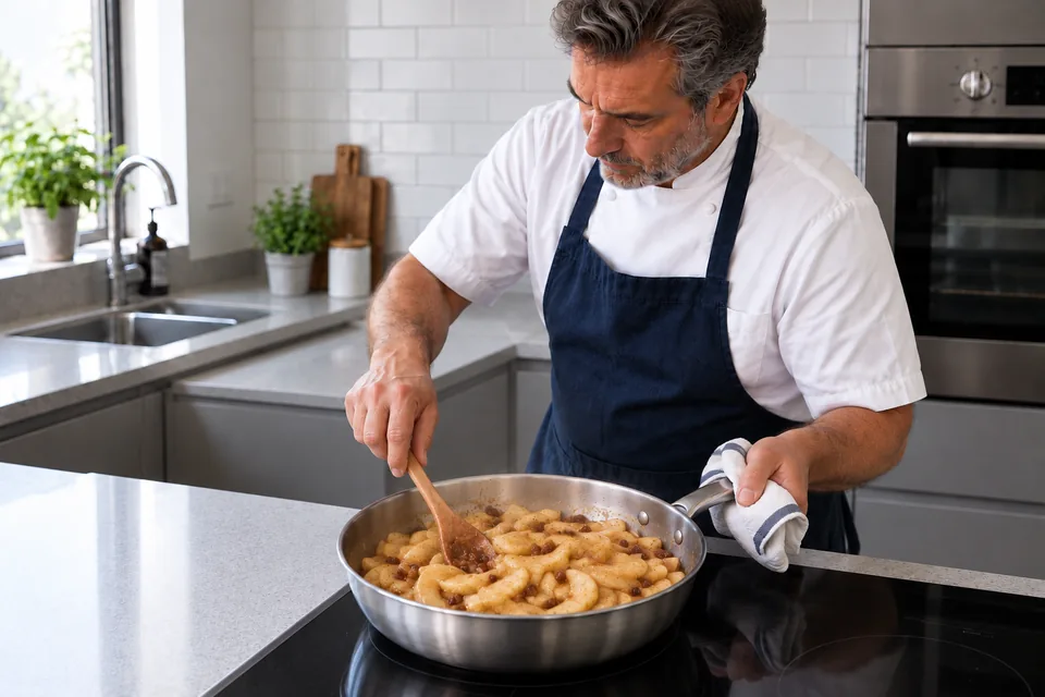 Apple slices and a modest scattering of sultanas are stirred in one wide pan.