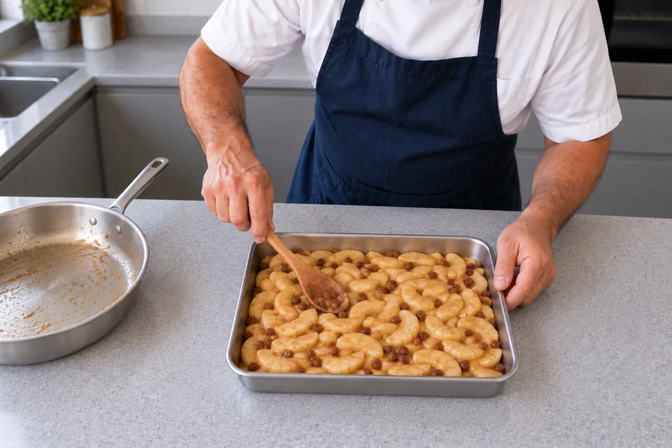 The apple-and-sultana filling is spread in a shallow dish to cool.