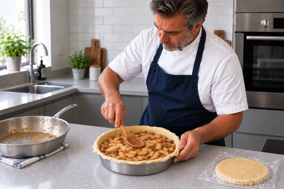 Cold apple slices and sultanas fill the raw pastry-lined metal pie tin.