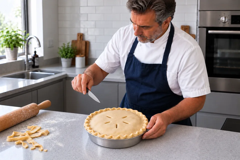 The closed raw pie has a sealed rim and five separate steam vents.
