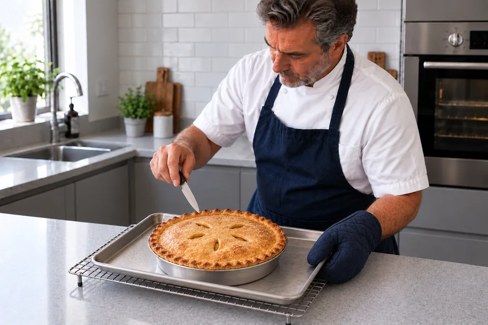 The cook checks the golden pie through an existing vent while it rests on a supported baking sheet.