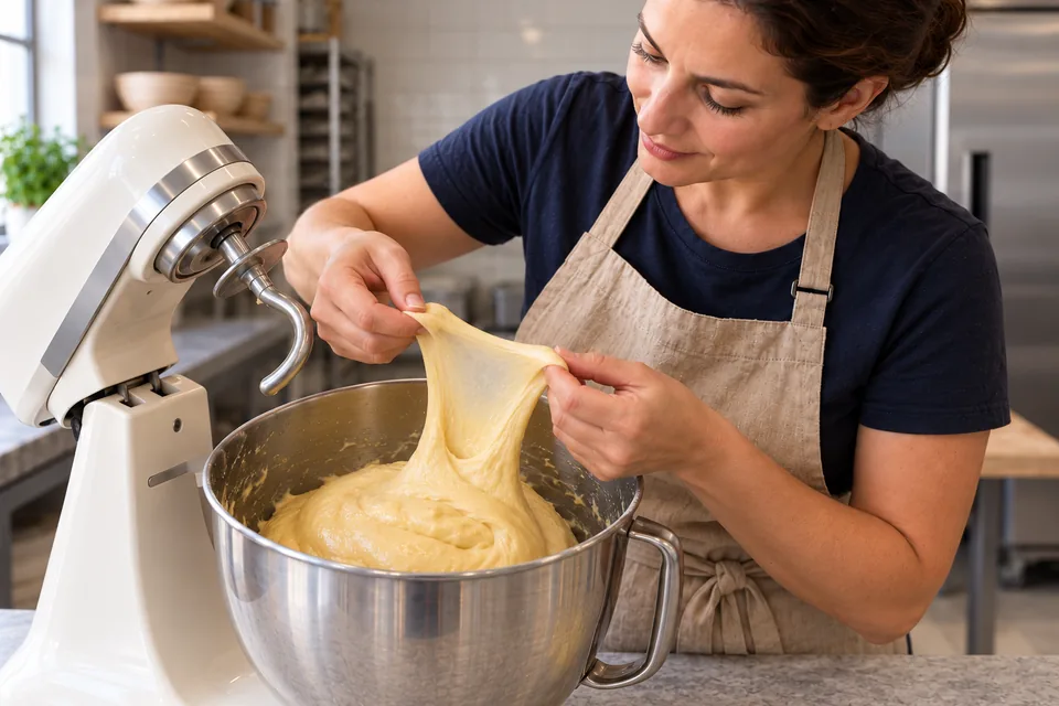 The cook stretches a small translucent patch of glossy yellow brioche dough above its bowl.