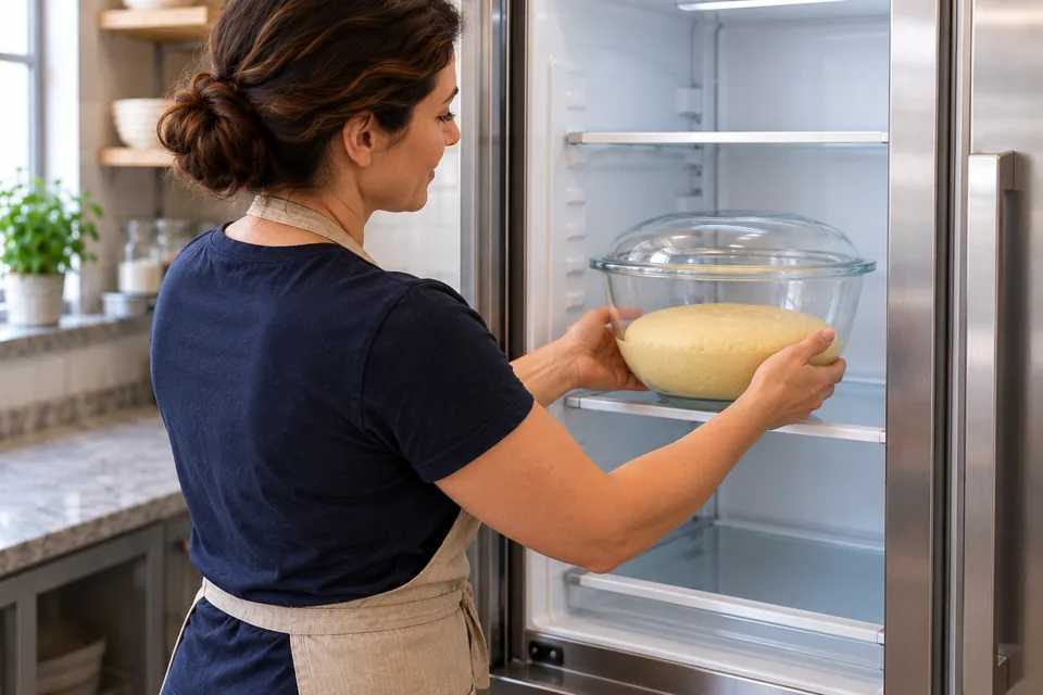 The cook slides the covered dough bowl onto a refrigerator shelf, leaving space above the dough.