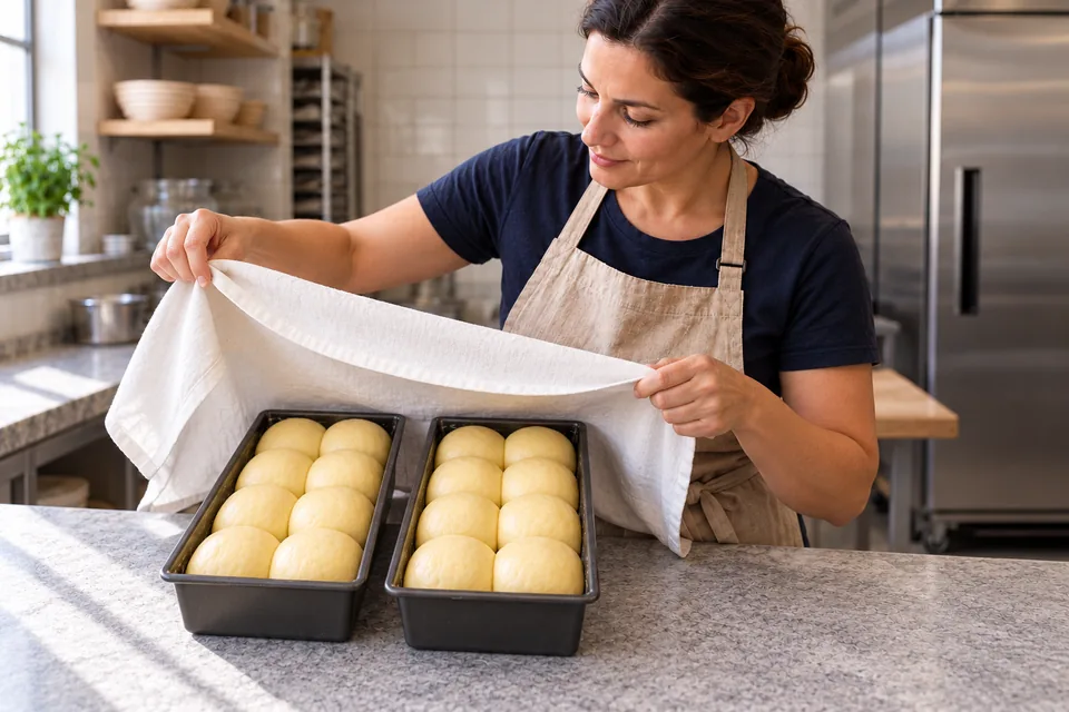 The cook lifts a white cloth above two tins, each holding eight puffy joined brioche balls.