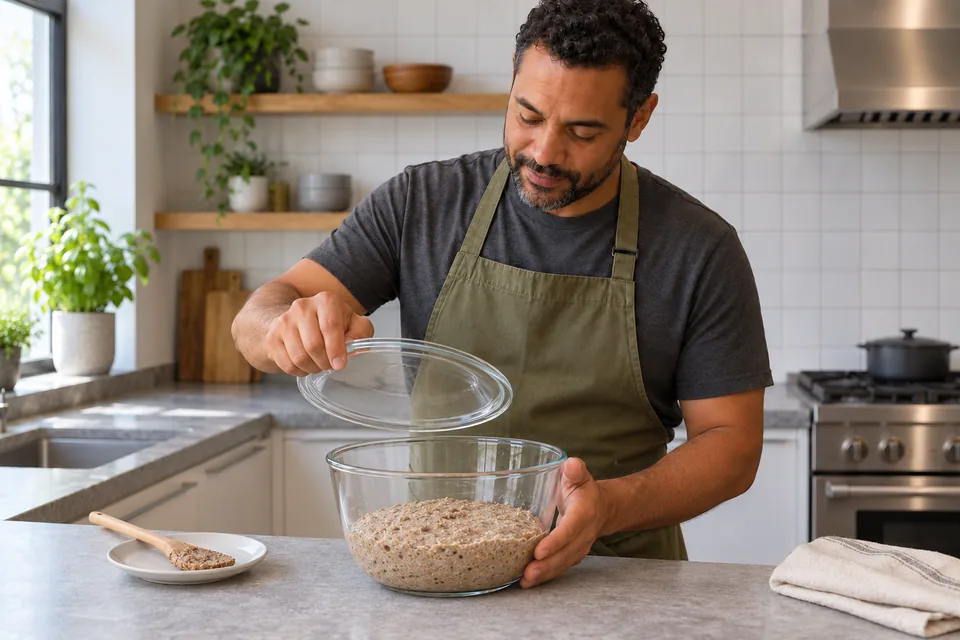 Cook lifts a cover above a modest bubbly rye-and-wheat preferment.