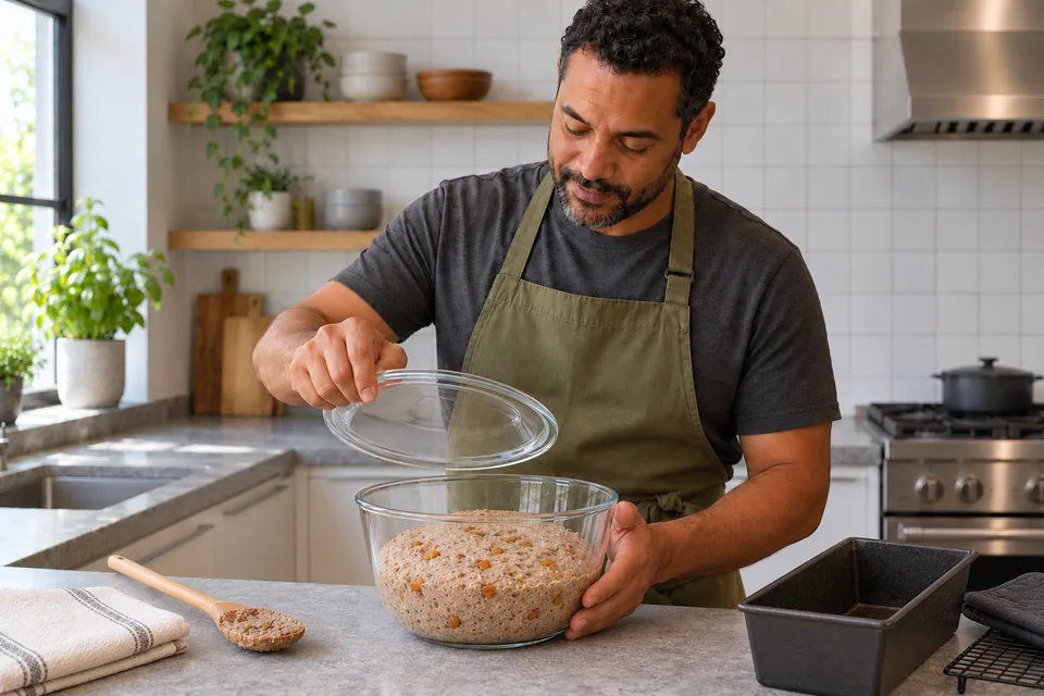 Cook lifts the cover above aerated rye dough with small apricot pieces.