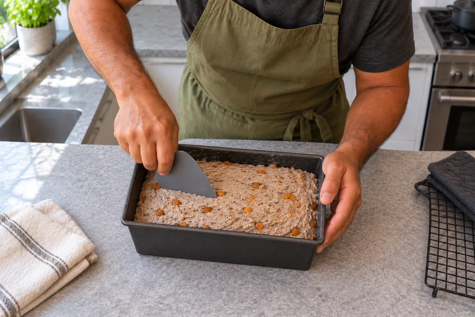 Hands use a scraper to level sticky apricot rye dough in one loaf tin.