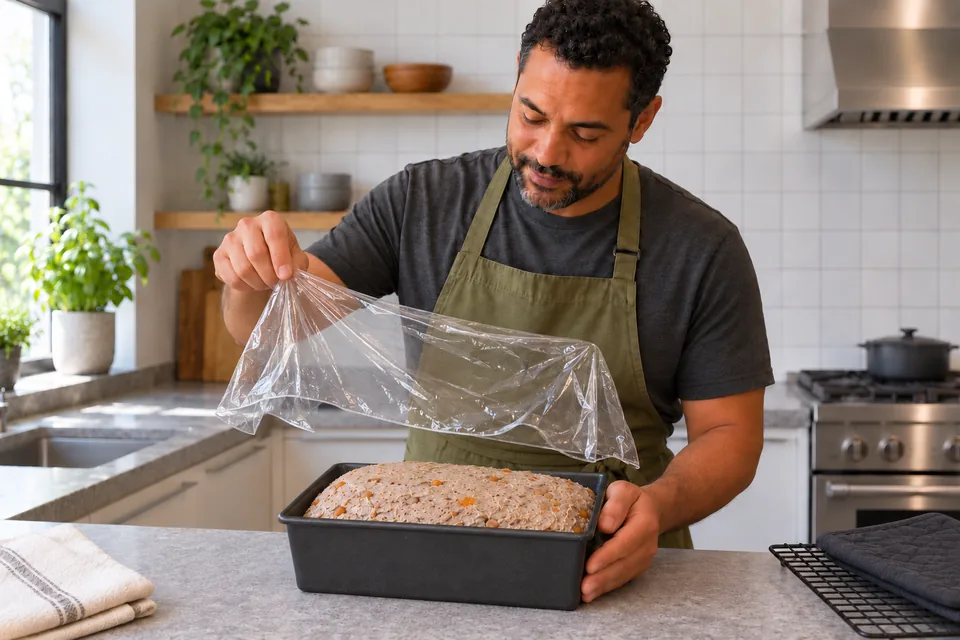 Cook lifts a loose cover from a risen rye loaf before baking.