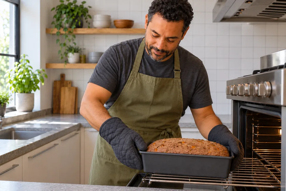 Cook uses two oven mitts to support one brown rye loaf in its tin.