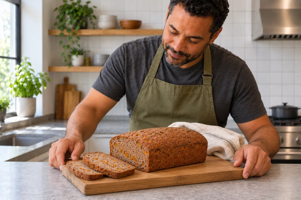 Cook beside a rested rye loaf and two thin slices showing set crumb with small apricot pieces.