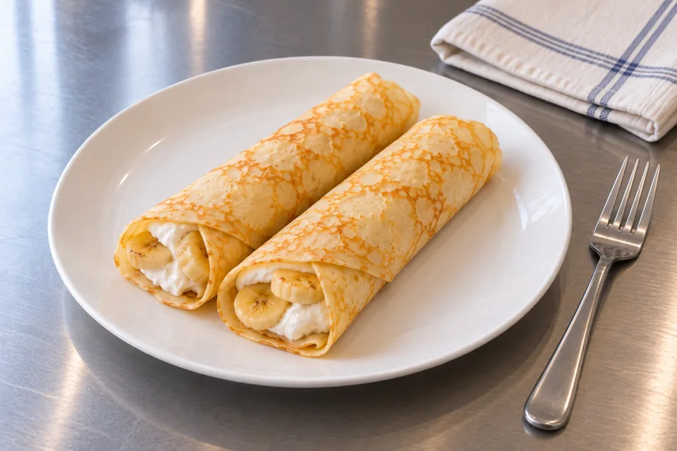Two thin crêpe rolls show banana slices and softly whipped cream at their open ends.