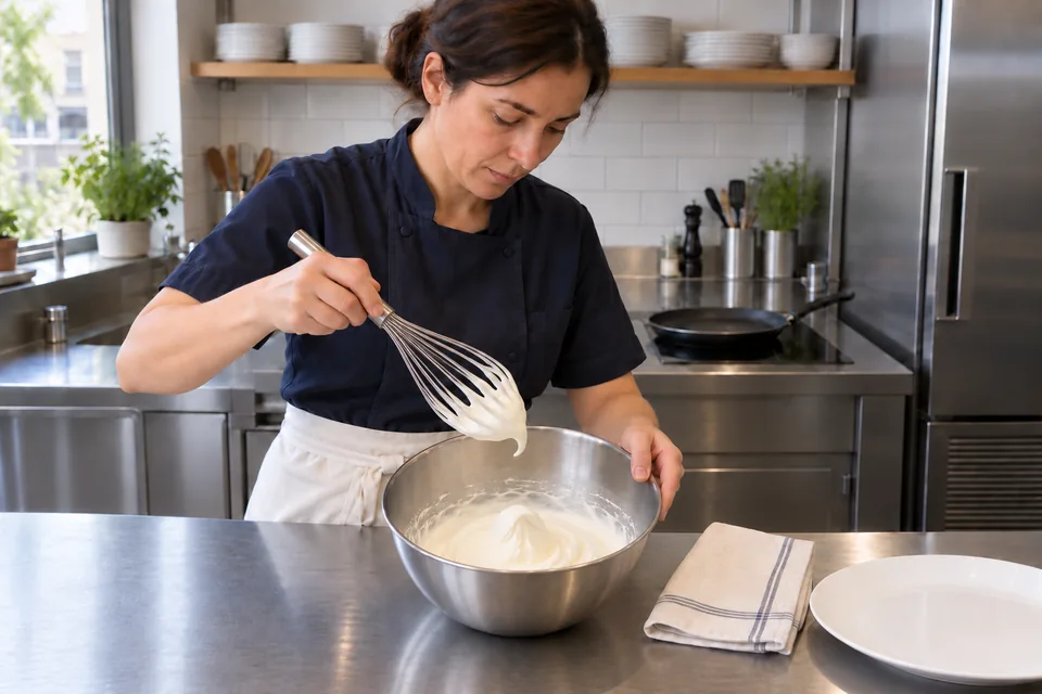 A small batch of cream holds smooth, softly bending peaks.