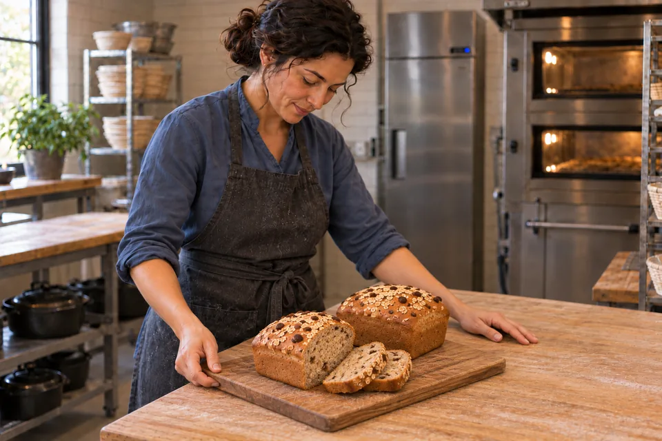 One whole oat-coated wholemeal loaf and a shortened second loaf sit on a board with exactly two matching slices.