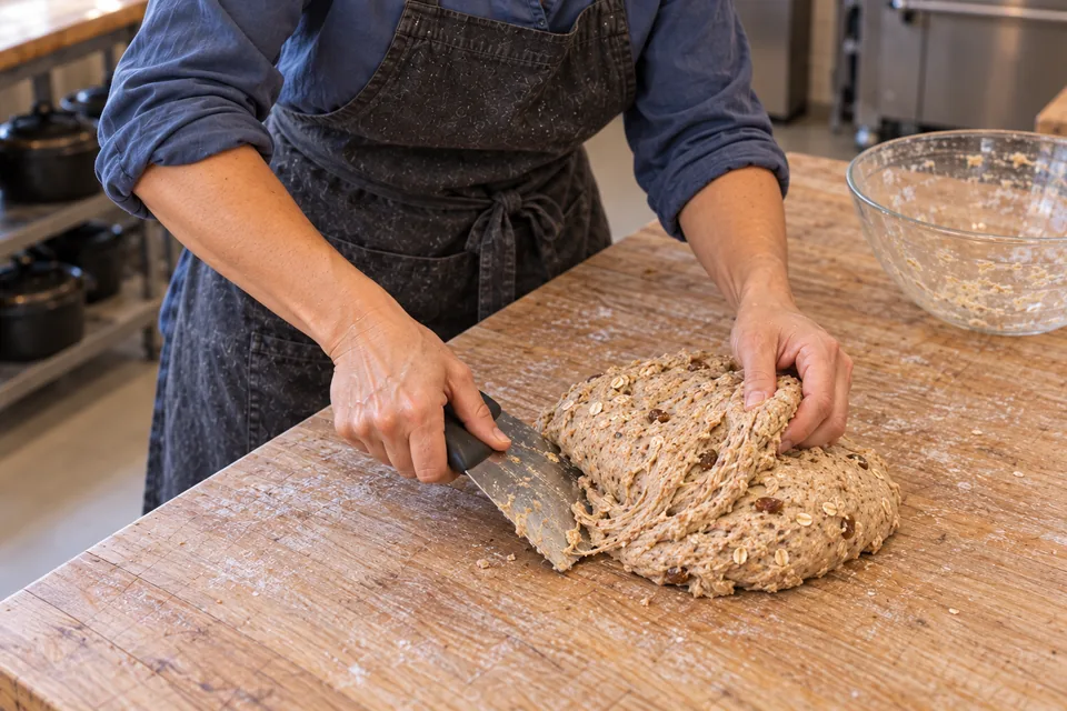 The baker folds a slightly tacky bran-and-oat dough with a scraper after the butter has been absorbed.