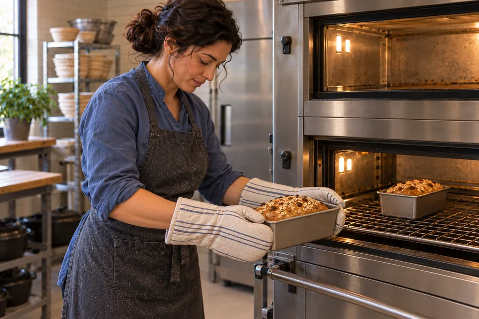 The baker uses oven mitts to remove one small golden oat-coated loaf while its matching tin remains in the oven.