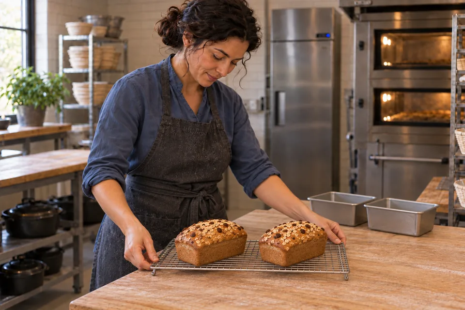Two small oat-coated wholemeal loaves cool whole on a raised wire rack.