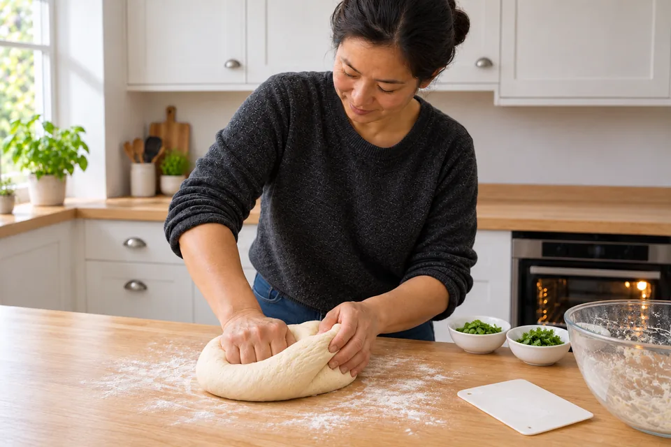 Two hands knead a smooth plain dough before the herbs are added.