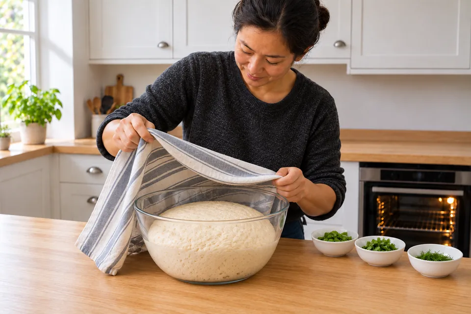 The cook lifts a cloth from risen plain dough in a glass bowl.