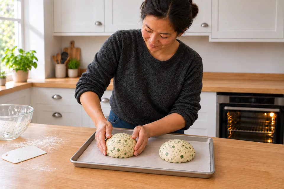 Two herb-flecked dough rounds sit apart on one lined baking tray.