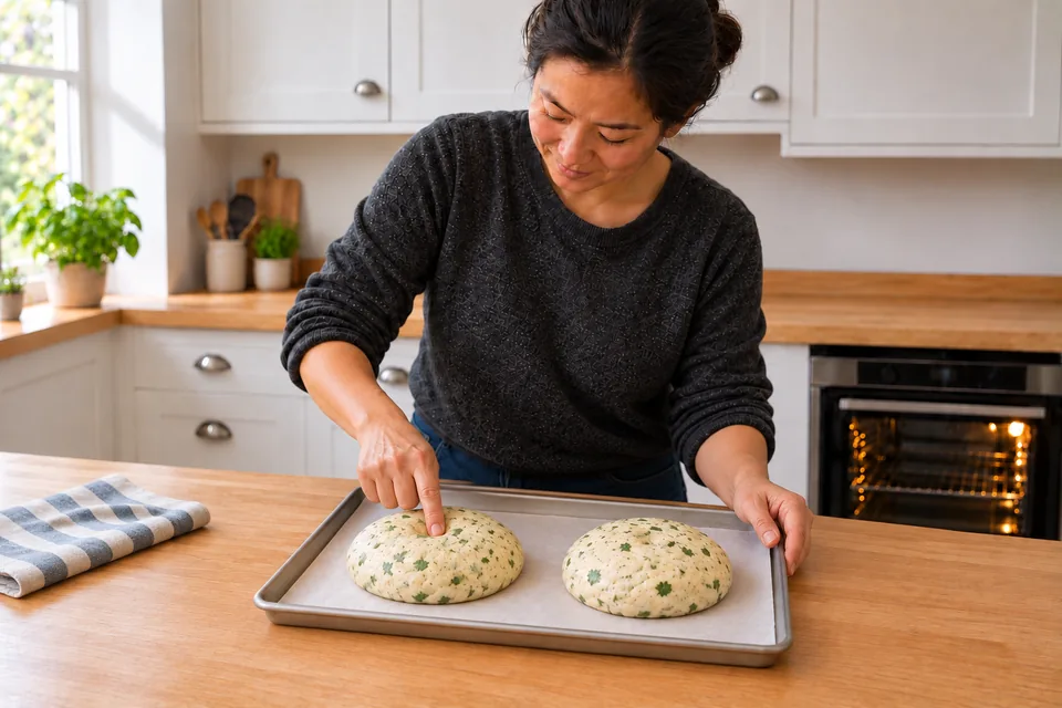 A fingertip checks one of the two puffy herb rounds.