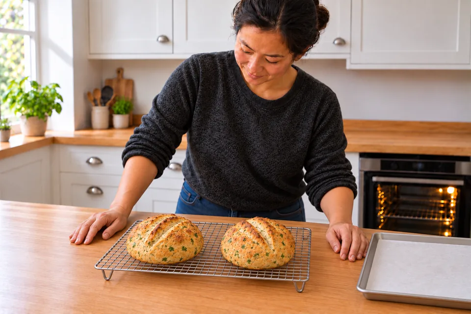 Two whole herb loaves cool on a raised wire rack.