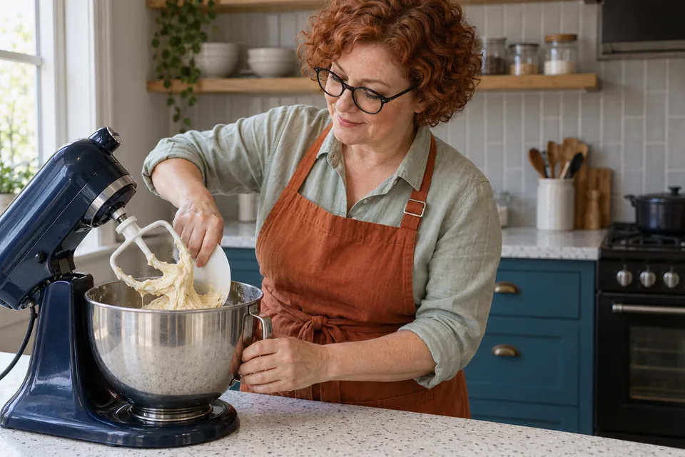 The cook scrapes soft plain dough from a stand-mixer bowl beneath its raised paddle.