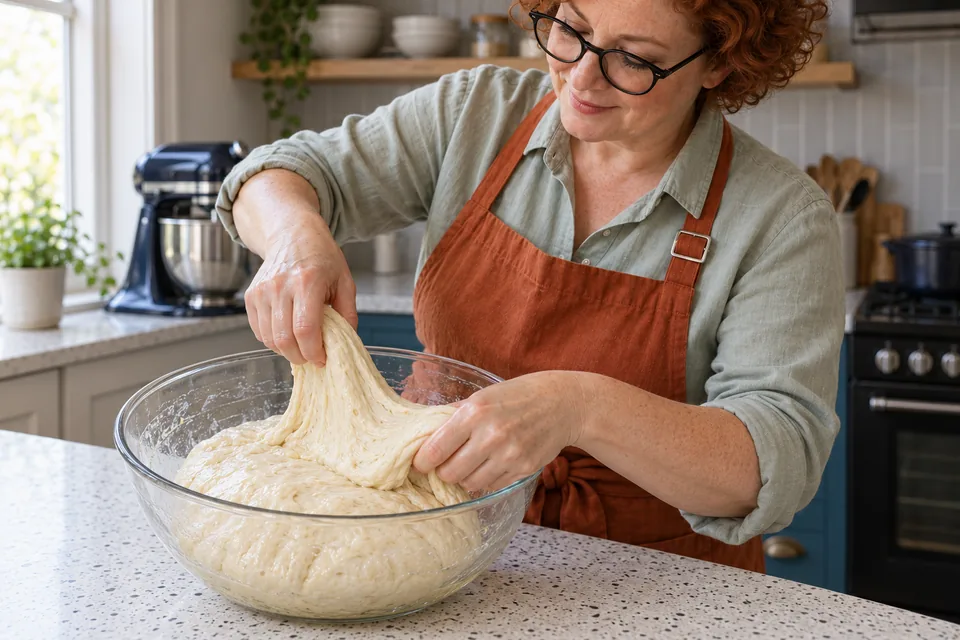 Oiled fingers lift and fold a soft dough edge in a clear bowl.
