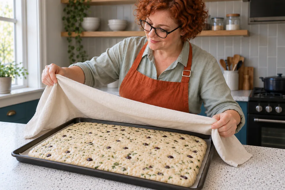 The cook uncovers a puffy shallow rectangle of olive-and-basil dough.