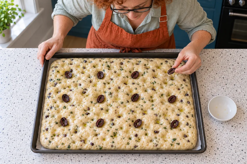 A dimpled focaccia surface is lightly topped with halved black olives.
