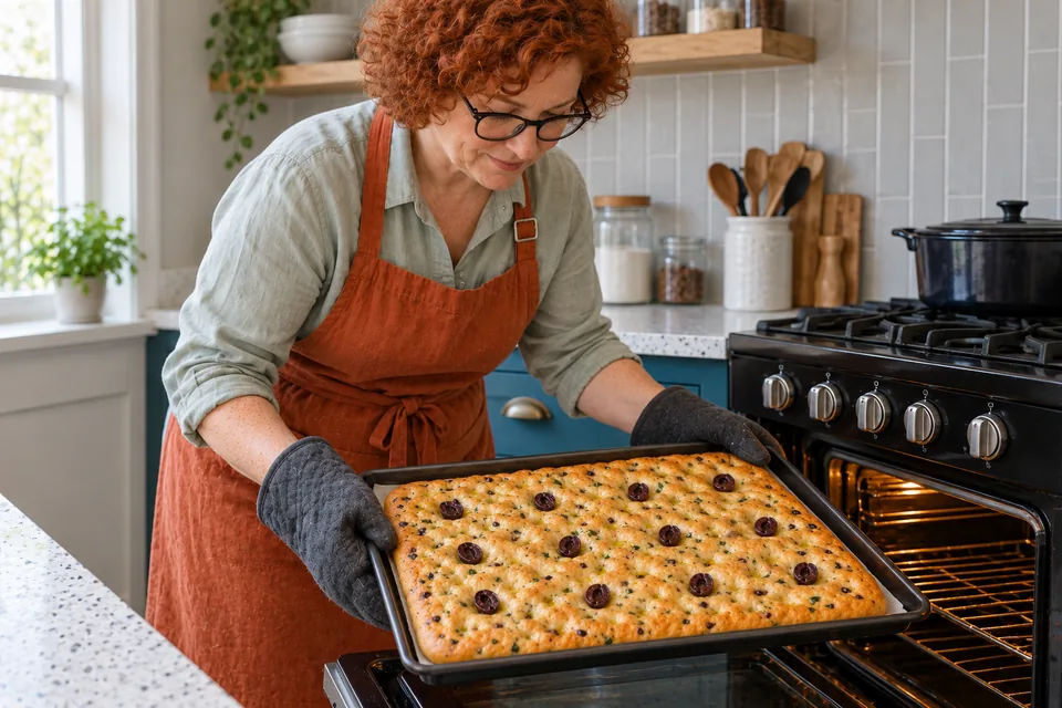 The cook holds one tray of golden, olive-topped focaccia.