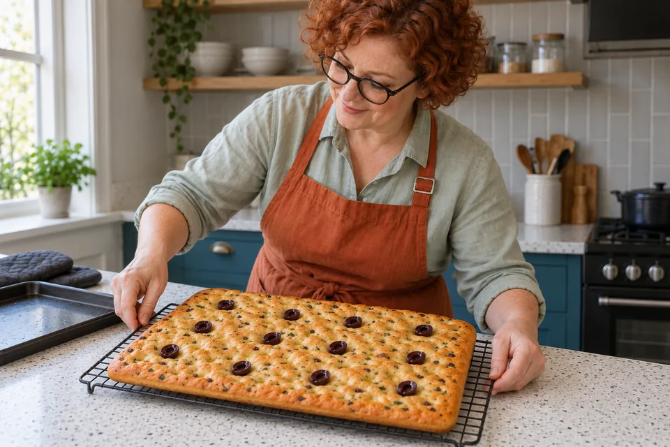 One whole rectangle of olive-topped focaccia cools on a rack without its baking paper.