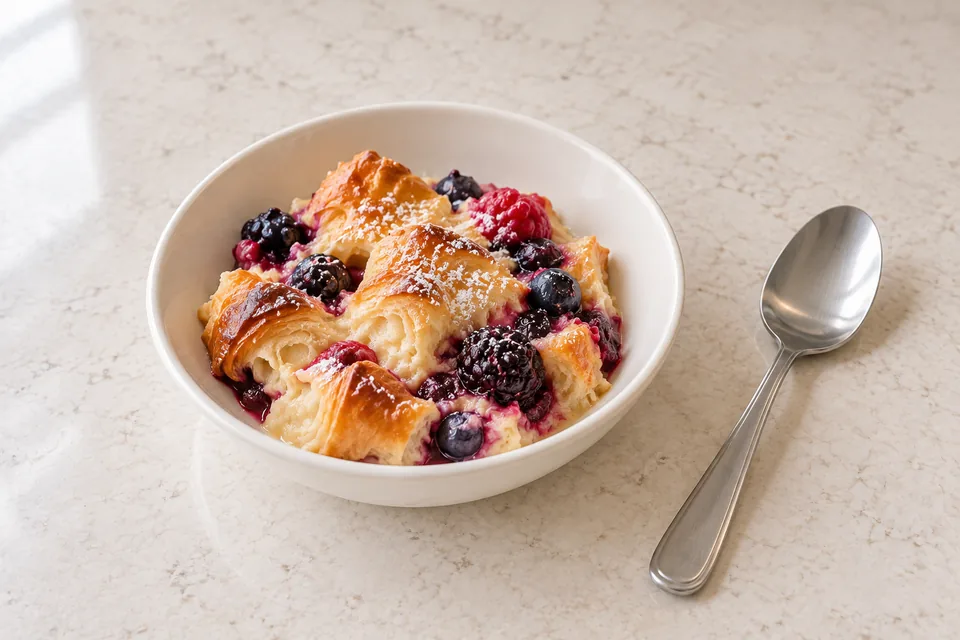 One modest portion of croissant pudding contains three berries, set custard and a light sugar dusting.
