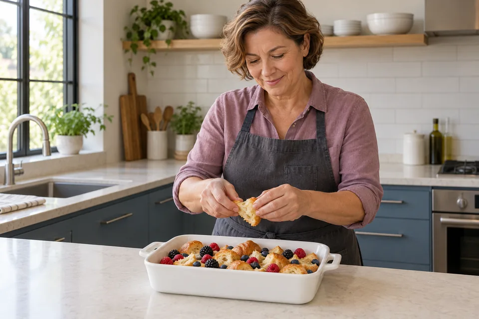 The cook finishes arranging small croissant pieces and three kinds of berries in one dish.