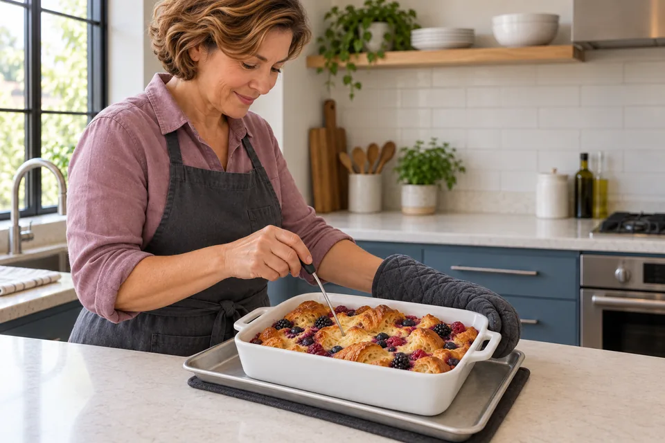 The cook checks the centre of the baked pudding with a probe.