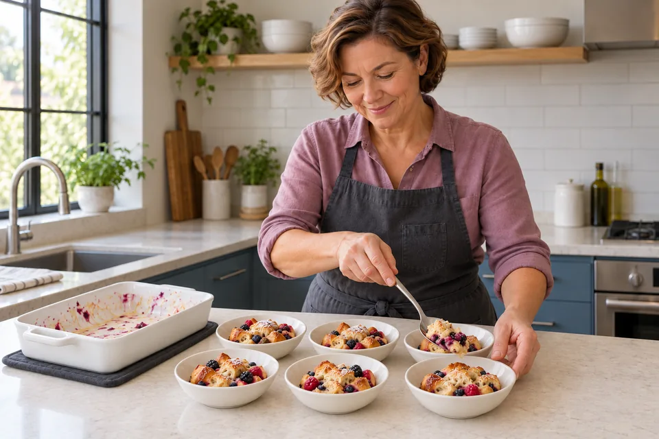 Six modest bowls of berry croissant pudding have soft custard and a light icing-sugar dusting.