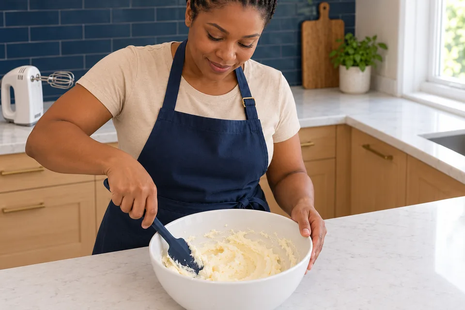 The cook scrapes a small batch of pale, fluffy butter and sugar from the sides of a white bowl.
