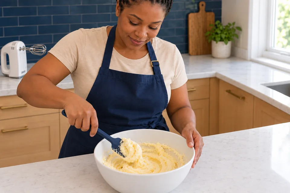 The cook lifts a short, soft swirl of pale yellow egg, butter and sugar mixture on a spatula.