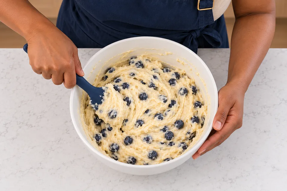 Whole blueberries are dispersed through thick ivory batter as the cook folds with a navy spatula.