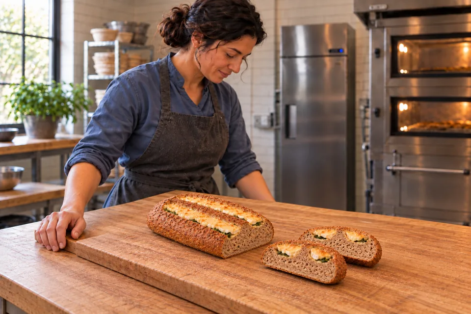 Two slices show the wholemeal crumb and shallow Brie-and-basil topping beneath the two top grooves.