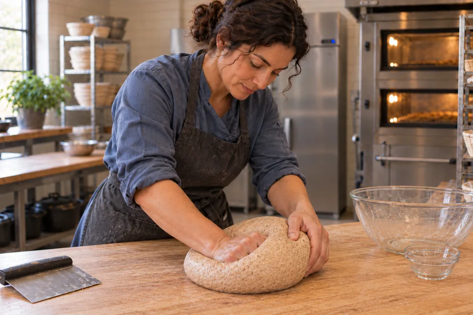 Two hands fold and knead the cohesive, bran-rich wholemeal dough.
