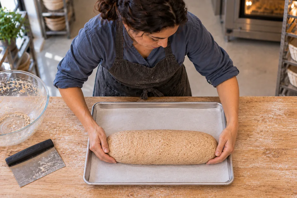 One rounded wholemeal oblong rests on a paper-lined tray.