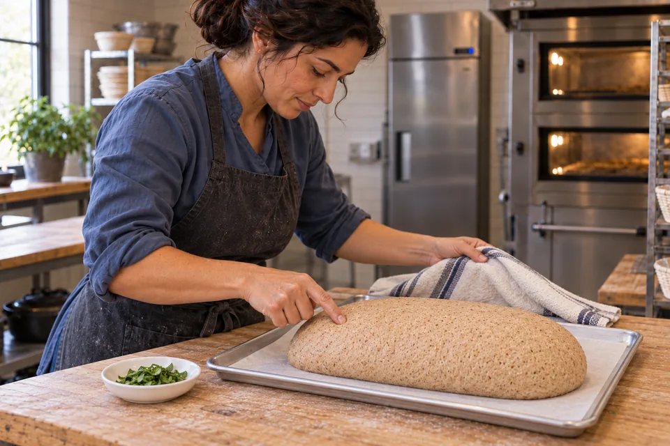 The cook lightly touches the puffy oblong; chopped basil waits separately.