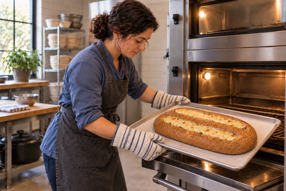 The cook holds the browned wholemeal loaf with two melted Brie strips.