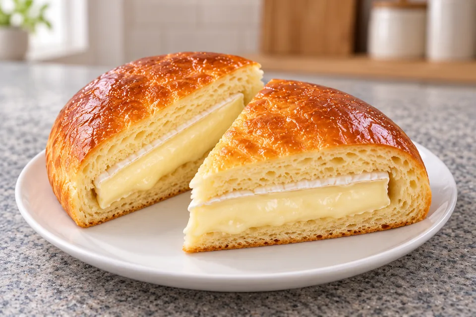 Two wedges show golden bread surrounding warm soft Brie.
