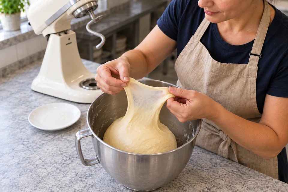 Hands stretch a small patch of smooth enriched dough over a mixer bowl.
